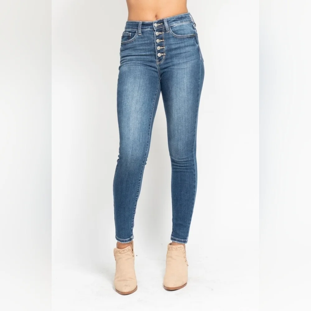 Judy Blue High Rise Medium Wash Button Fly Skinny Jeans Stretch Various NEW